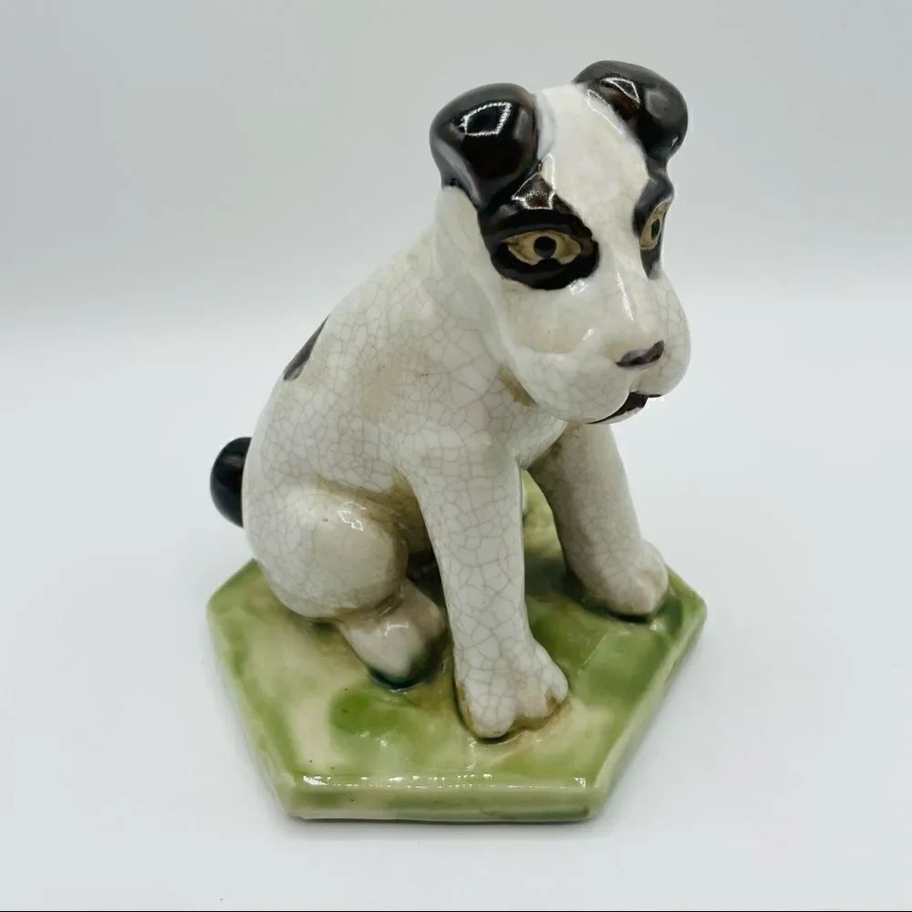 Vintage Ceramic Terrier Dog Figurine on Hexagon Base